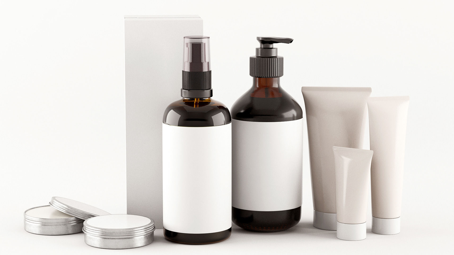 Different package for Personal Care, including bottle with pump, jar, tube and the cardboard box for them.